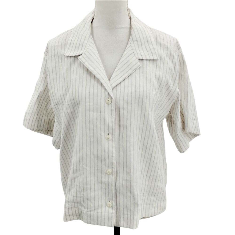 Rag & Bone Medium Reed Short Sleeve Button Up Shirt Striped White Brown Linen